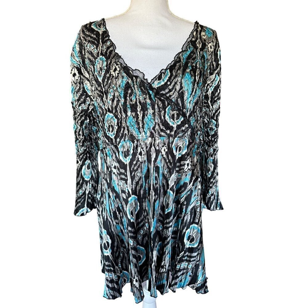 Vintage Alberto Makali Size XL Multicolor Lace Trim Long Sleeve Top Blouse
